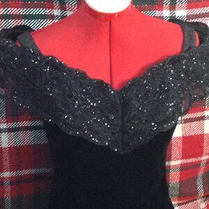 Vintage Bari-Jay Black Velvet Off The Shoulder Dress With Soutache Lace